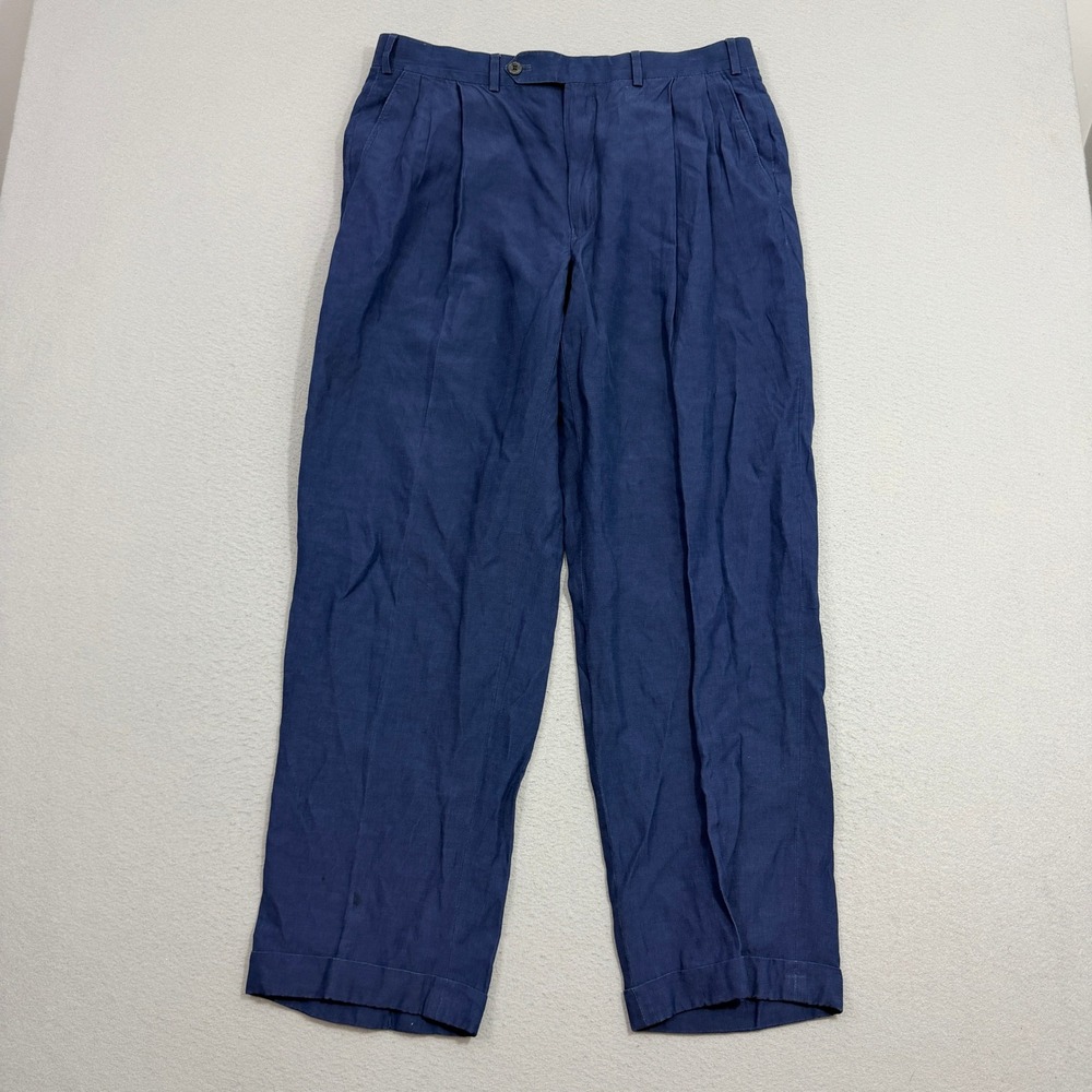Vintage Samuelsohn Linen Pants Men's 34x30 Blue Pleated Trousers Dress Loose Fit